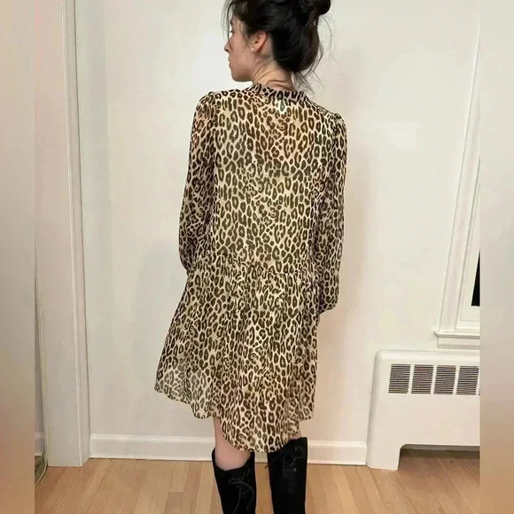 H&M Animal Print Sheer Chiffon Ballon sleeve Flowy button Down mini Dress S/M - Picture 4 of 9